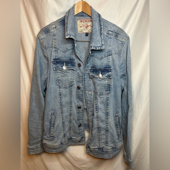 True Religion Men's Jimmy Snap Denim Trucker Jacket in Light Wash Size L - Picture 1 of 4